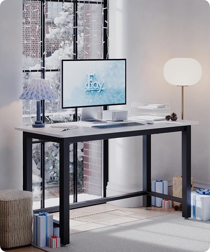51" Home Office Desk Modern Computer Desk 51.2x23.6x29.5 inches PC Table with Thicken Frame Industrial Style Sturdy Metal Frame Furniture for Writing Gaming Marble White+Black