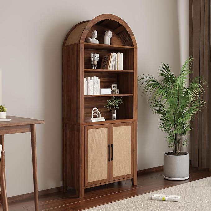 71" Tall Arched Bookcase with Storage, Mid-Century Modern 6-Tier Cabinet with Door, Arched Bookshelf Cabinet with Open Display Storage Shelf for Office Living Room (Walnut)