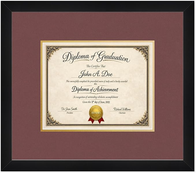 Diploma Frame Matte Black with Dark Red Over Gold Double Mat - Fits 10 x 8 Professional License Wall Display Made in the USA