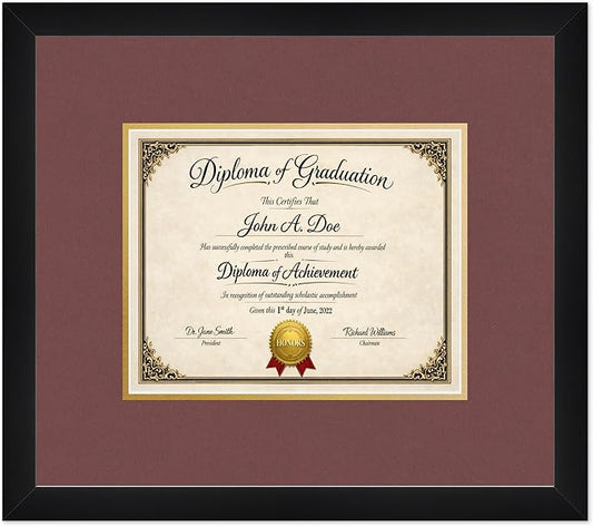 Diploma Frame Matte Black with Dark Red Over Gold Double Mat - Fits 10 x 8 Professional License Wall Display Made in the USA