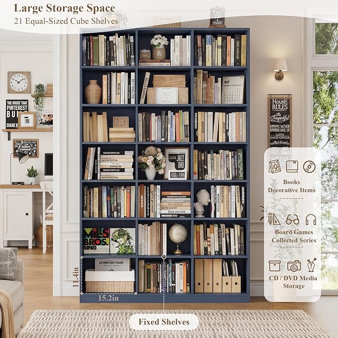 HOSTACK 86" H Triple Wide Bookshelf and Bookcase, 7 Tier Tall Bookshelf with Storage, Large Bookcase with 21 Open Display Storage Shelves, Wood Book Shelf Media CD DVD Storage for Living Room, Blue