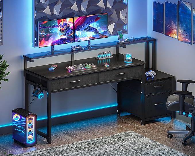 AODK Computer Desk with 4 Drawers, 55 Inch Office Desk with Printer Shelf & Built-in Power Outlet, Work Desk with Monitor Shelf for Home Small Spaces, Black