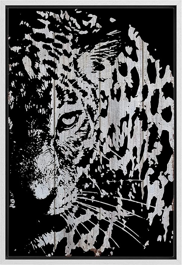 IDEA4WALL Framed Canvas Print Wall Art Grayscale Spotted Leopard on Light Wood Panels Animals WildLife Illustrations Modern Art Tropical Portrait for Living Room, Bedroom, Office - 24"x36" WHITE