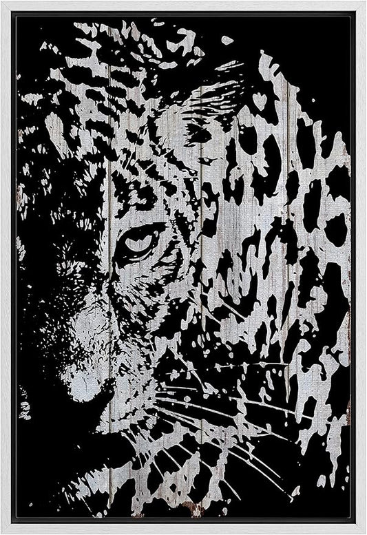 IDEA4WALL Framed Canvas Print Wall Art Grayscale Spotted Leopard on Light Wood Panels Animals WildLife Illustrations Modern Art Tropical Portrait for Living Room, Bedroom, Office - 24"x36" WHITE