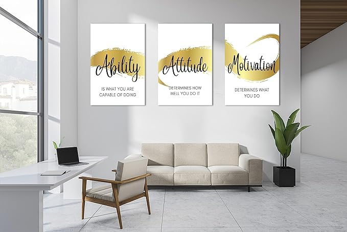 3 Piece Office Canvas Wall Art, Gold Motivational Quotes Canvas Print Pictures Wall Decor for Office, Men Women Inspirational Framed Artwork Home Office Decor 24"x36" x 3 Pcs