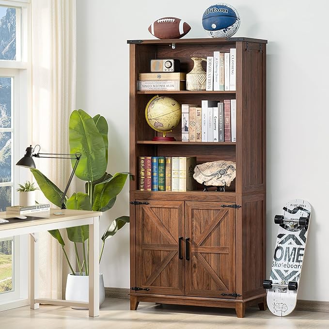 70in Tall Bookshelf 5 Tier Bookcase with Barn Doors and Adjustable Shelves, Brown Farmhouse Book Shelf with Storage Cabinet, Wood Freestanding Display Bookshelves for Bedroom, Kitchen (2PCS)