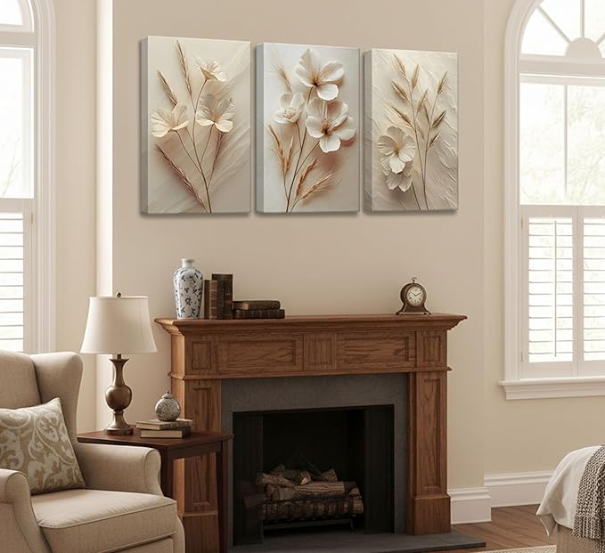 3Pcs Neutral Beige Floral Botanical Canvas Wall Art Modern Simple Texture Flower Plant Painting Picture Wall Decor Vintage Blossom Poster Print Artwork for Living Room Bedroom Bathroom