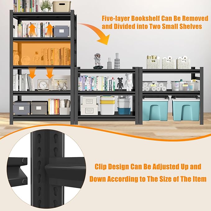 Book Shelf, Screwless Installation Metal Bookshelves, Heavy Duty Steel Bookcases, Adjustable Tall Industrial Bookshelf for Living Room, Bedroom and Library, Black (5-Tier With Fence 72''Hx36''Wx16''D)