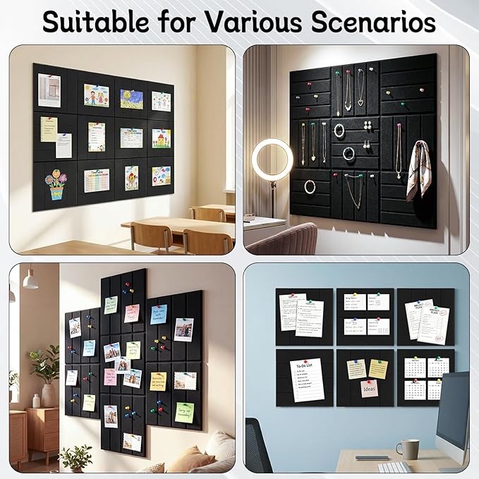Felt Bulletin Board Tiles 48" x 36", 12-Pack Cork Board for Office, Pin Board with 60 Pushpins Cork Boards for Office Decor Walls Organizer, 70 Adhesive Tabs Included - Black