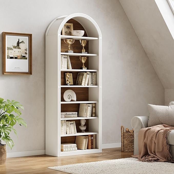 LITTLE TREE 8-Tier Bookcase, 78.7" Tall Bookshelf with Arched Top, Large Freestanding Wooden Open Bookcase Bookshelf, Modern Book Shelf Organizer for Living Room, Bedroom, Office, Library, White Brown