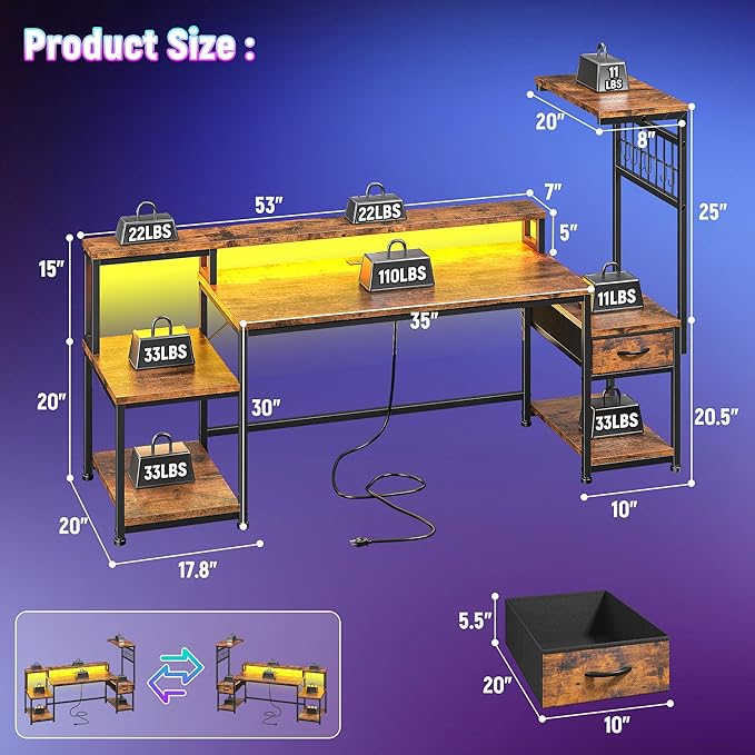 63" Gaming Desk with LED Lights & Outlets,Computer Desk with Drawers & Monitor Stand,Gaming Table with Storage Shelves & Printer Space for Game Room,Study Room,Home Office,Rustic Brown