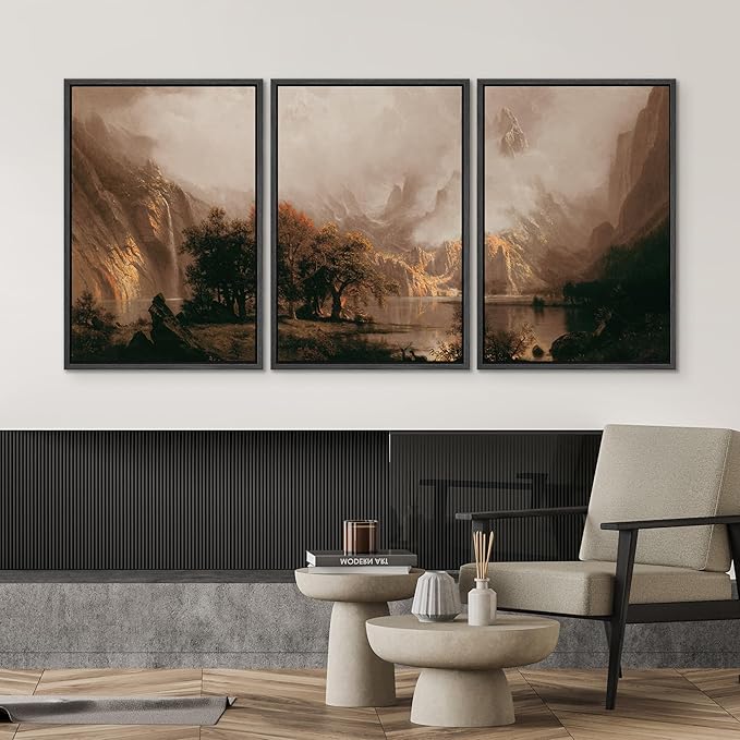 SIGNWIN Framed Canvas Print Wall Art Set Dramatic Mountain Valley Lake Landscape Illustrations Modern Art Decorative Nordic Abstract for Living Room, Bedroom, Office - 24"x36"x3 Black
