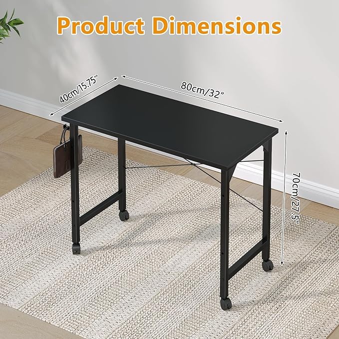 Grandder Rolling Computer 32 inch Desk with Wheels, Wroking Small Desk for Living Room, Modern Simple Style Table for Home Office, Study Writing Table, Caster, Black, 32 inch