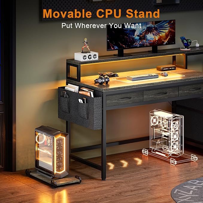 REAHOME 61 Inch Gaming Desk with Charging Station and LED Lights, Reversible Computer Desk with Storage Drawer and Monitor Stand, Modern Desk Table with File Cabinet & Side Pocket, Grey Oak