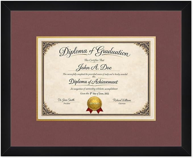 Diploma Frame Matte Black with Dark Red Over Gold Double Mat - Fits 11.69 x 8.27 A4 Certificate Wall Display Made in the USA