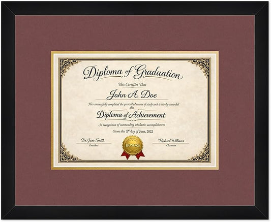 Diploma Frame Matte Black with Dark Red Over Gold Double Mat - Fits 11.69 x 8.27 A4 Certificate Wall Display Made in the USA