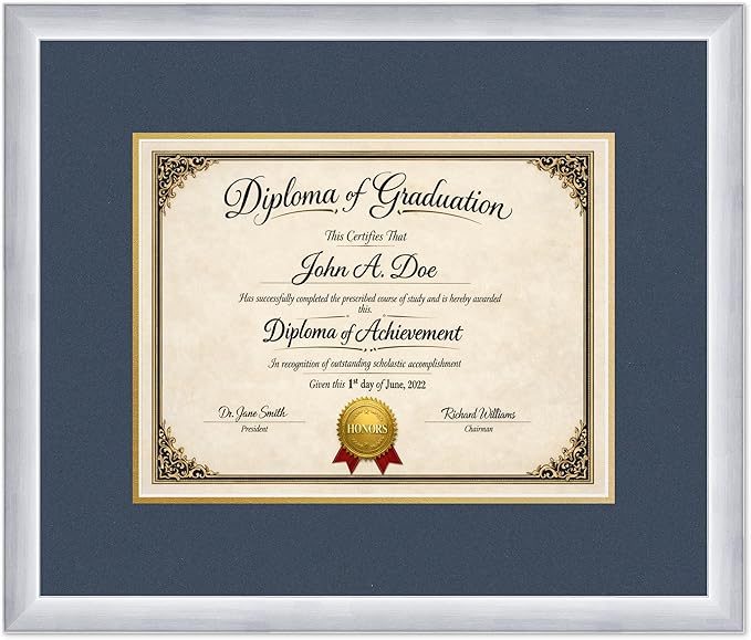 Diploma Frame Stainless Silver with Navy Blue Over Gold Double Mat - Fits 13 x 10 College Diploma (Traditional) Wall Display Made in the USA