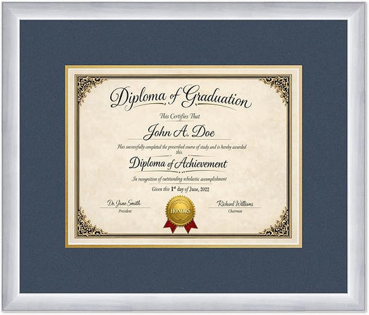 Diploma Frame Stainless Silver with Navy Blue Over Gold Double Mat - Fits 13 x 10 College Diploma (Traditional) Wall Display Made in the USA