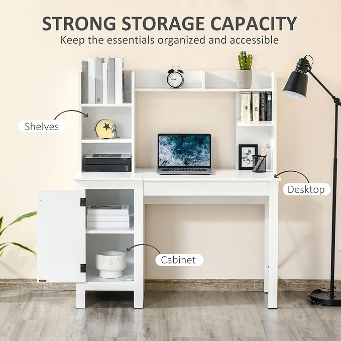 HOMCOM Farmhouse Computer Desk with Hutch and Cabinet, Home Office Desk with Storage, for Study, White