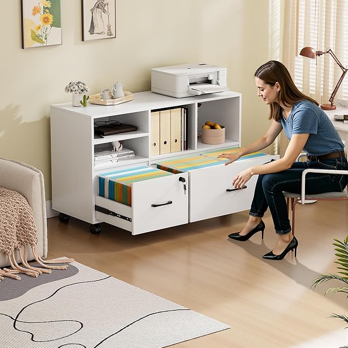 2 Drawer Wood Mobile Large Lateral File Cabinet, Lockable Rolling Filing Cabinet with Storage Shelves, Printer Stand Office Storage Cabinet for Home Office Fits Files Legal/A4, White