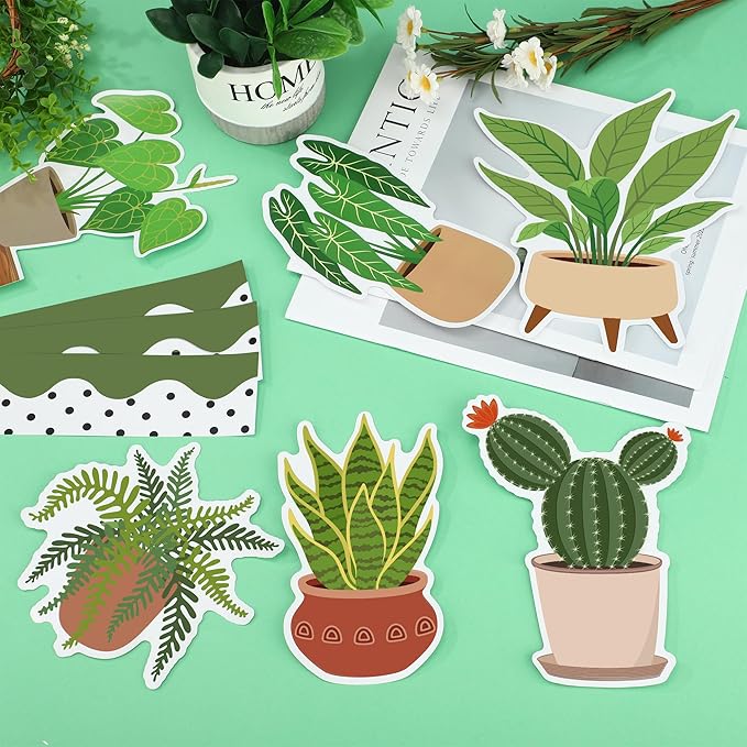 78 Pcs Greenery Classroom Bulletin Board Decorations Motivational Plant Classroom Decor Potted Plant Bulletin Board Set Greenery Inspirational Paper Cutouts for Back to School Office Home Wall Decor