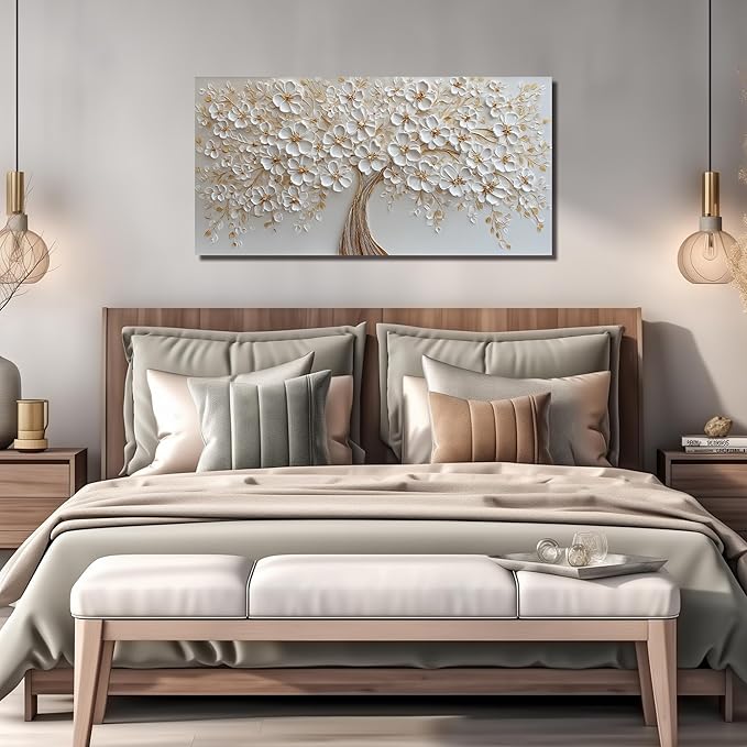 White Flower Prints Wall Art for Bedroom Women Tree Pictures Wall Decor for Dining Room Modern Wall Decor for Dormitorios Size 24 x 48 Inch