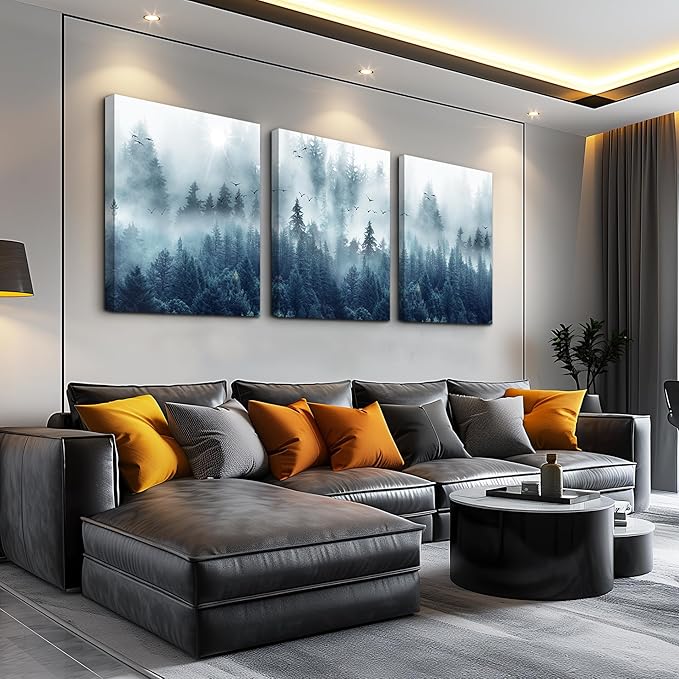 Wall Decorations For Living Room 3 Piece Framed Canvas Wall Art For Office Large Size Wall Decor Misty Forests Trees Wall Painting Landscape Pictures Artwork For Room Modern Wall Posters Home Decor