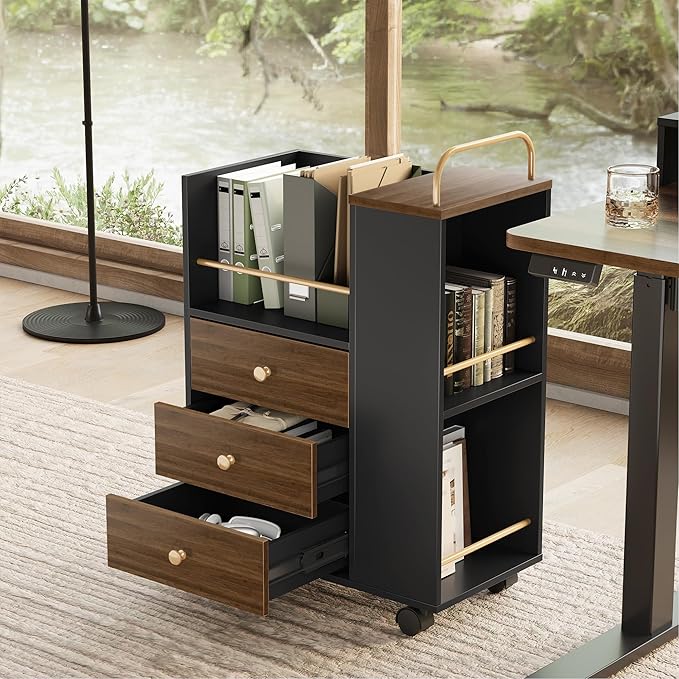 3 Drawer Mobile File Cabinet, Wood Rolling Filing Cabinet with Lockable Wheels, Utility Cart with Open Storage Shelves Home Office Fits A4/Legal, 19.7" x 11.8" x 26.3", Black Walnut