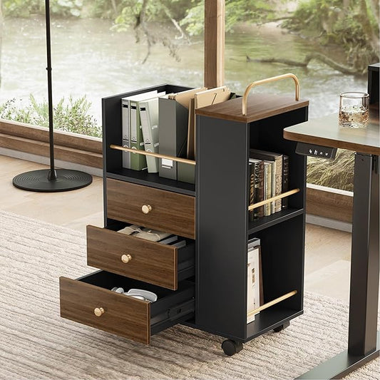 3 Drawer Mobile File Cabinet, Wood Rolling Filing Cabinet with Lockable Wheels, Utility Cart with Open Storage Shelves Home Office Fits A4/Legal, 19.7" x 11.8" x 26.3", Black Walnut