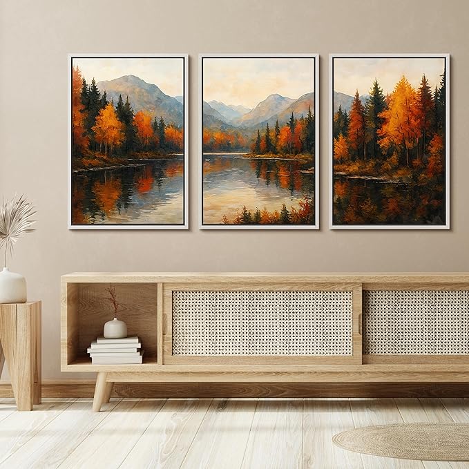 SIGNFORD Framed Wall Art Print Set Autumn Mountain Lake Vibrant Fall Forest Landscape Digital Art Modern Art Contemporary for Living Room, Bedroom, Office - 24"x36"x3 White
