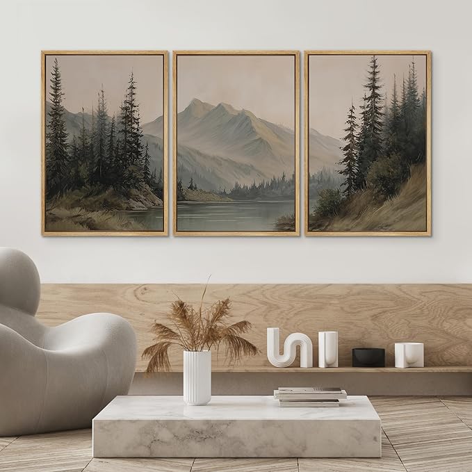 SIGNWIN Framed Canvas Print Wall Art Set Tranquil Pine Forest Mountain Lake Landscape Illustrations Modern Art Decorative Nordic Abstract for Living Room, Bedroom, Office - 24"x36"x3 Natural