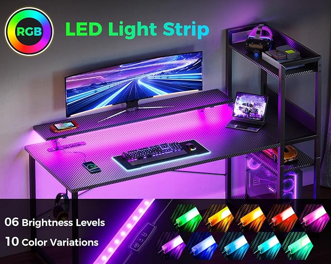 ODK Reversible Gaming Desk with Power Outlets and LED Lights, 48 Inch Computer Desk with Storage Shelves and Monitor Stand, Modern Writing Study Desk for Home Office, Carbon Fiber Black