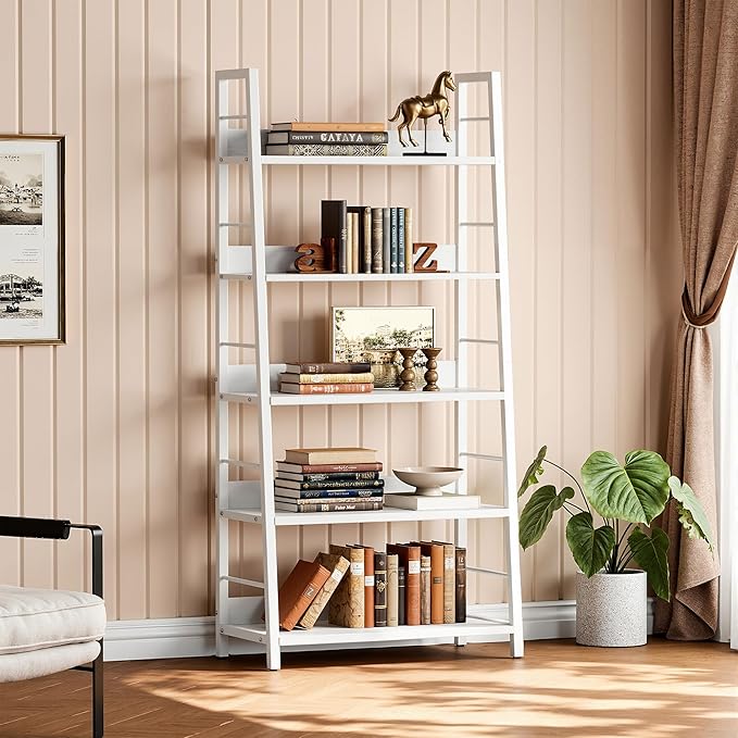 IRONCK Industrial Bookshelves and Bookcases, Ladder Shelf 5 Tiers with Metal Frame for Living Room, Home Office, White
