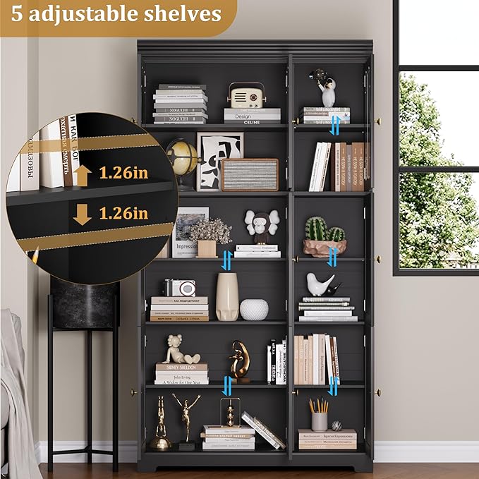 Keyluv 71" Tall Bookshelf and Bookcase with Glass Door, 6-Tier Large Book Shelf with Storage Cabinet, Floor Standing Cabinet Bookshelves with Adjustable Shelves for Home Office/Living Room, Black