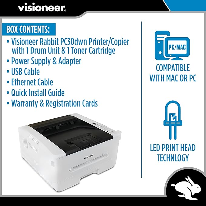 Visioneer Rabbit PC30dwn Laser Printer/Copy Machine, Monochrome USB Office Printer and Copier for PC and Mac, 30 PPM, 250 Page Automatic Document Feeder (ADF), 3 Extra Toner Cartridges and Drum