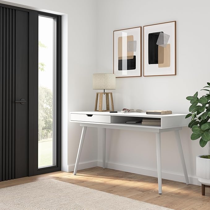 Bush Home Nora 54W Writing Desk with Storage in Pure White | Large Wooden Computer Table for Home Office, Study Room, or Entryway