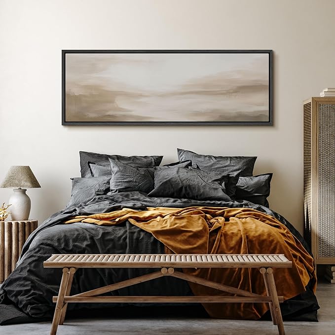 SIGNFORD Large Framed Canvas Soft Neutral Abstract Horizon Illustrations Modern Art Calm Warm for Living Room, Bedroom, Office - 60"x20"