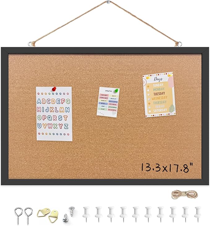 Cork Bulletin Board, 13.3x17.8 Inches Hanging Cork Board Wooden Framed with Pins for Wall, Dorm Room, Office, Home Decor – Natural Cork & Black Frame
