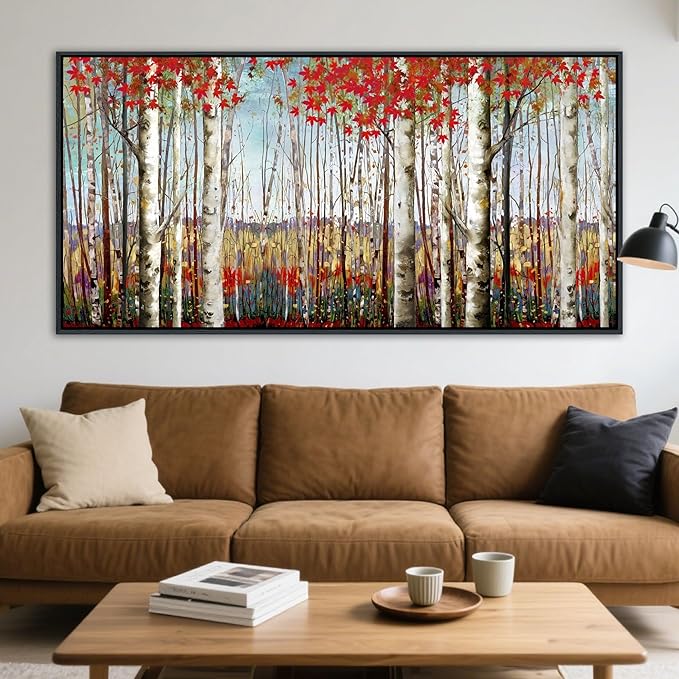 Large Canvas Wall Art - Framed Aspen Tree Oil Painting Style, Birch Tree Pictures for Living Room Wall Decor & Bedroom, 29x58 Modern Nature Artwork for Walls