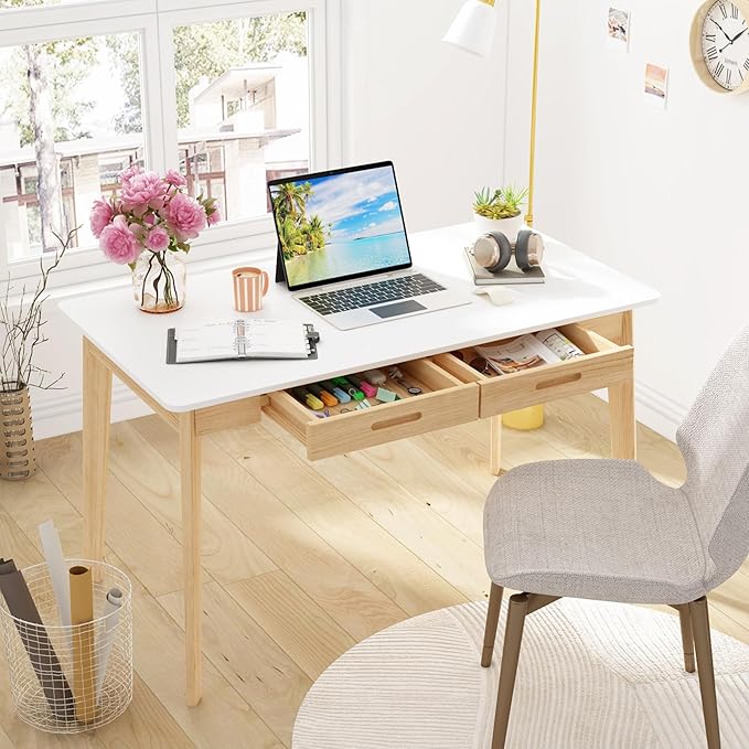 Home Office Computer Desk Coner Desk with 2 Drawers, Study Writing Table for Home Office, Study, White & Natural (47.2 ”W x 23.6”D x 29.1”H)