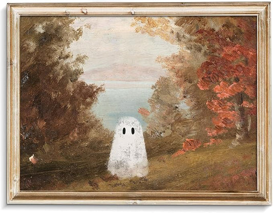 uniro Retro Cute Ghots Wall Art Cute Ghost in Field Pictures Wall Decor Moody Gothic Ghost Poster Print for Living Room Bedroom Bathroom, Halloween Home Wall Decor(8" x 10"-UNFRAMED)