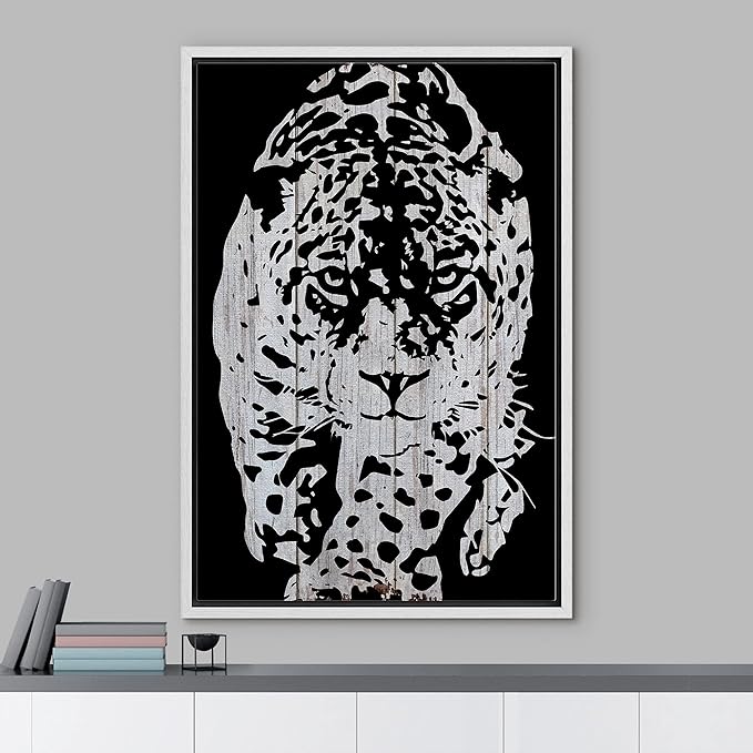 IDEA4WALL Framed Canvas Print Wall Art Grayscale Spotted Leopard Stalking on Wood Panels Animals WildLife Illustrations Modern Art Tropical Portrait for Living Room, Bedroom, Office - 24"x36" WHITE