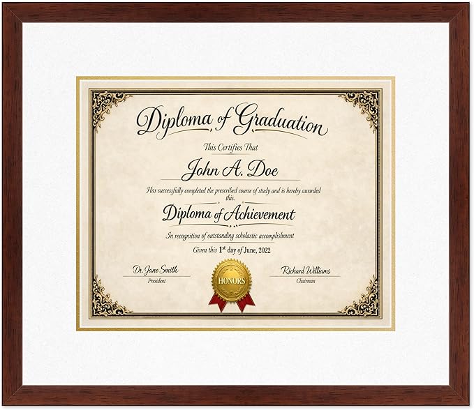 Diploma Frame Rustic Walnut with Oyster Shell Over Gold Double Mat - Fits 15 x 12 Military/Government Wall Display Made in the USA