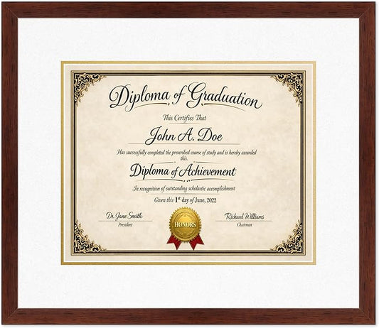 Diploma Frame Rustic Walnut with Oyster Shell Over Gold Double Mat - Fits 15 x 12 Military/Government Wall Display Made in the USA