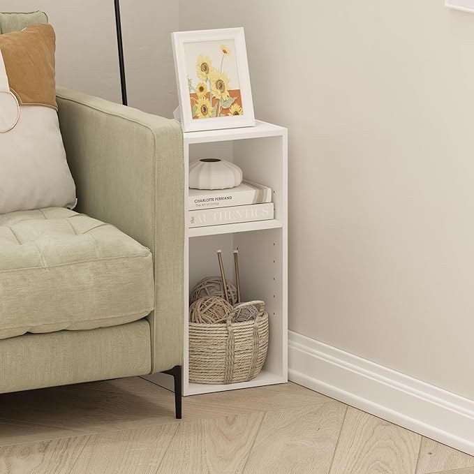 Furinno Fulda Book Shelf, 2-Tier Narrow Bookshelf, Bookcase with 10-in Width Storage Shelf, 9.3 x 9.8 x 21.2, for Living Room, Bedroom, Home Office, Plain White