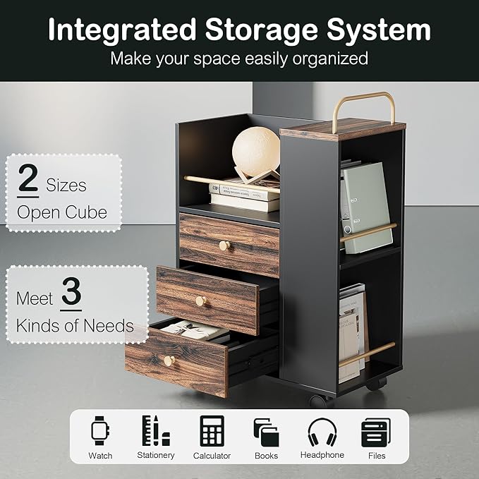 Mobile File Cabinet with 3 Drawers, 20" Wood Lateral Filing Cabinet with Lockable Wheels, Fit Letter/A4 Size or Home Office, Utility Cart with Open Storage Shelf, Black Walnut