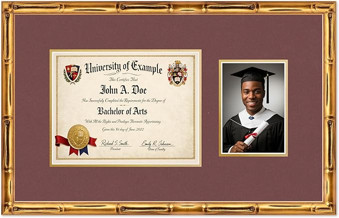 CountryArtHouse Fits 11 x 8.5 US Letter Certificate and 5 x 7 Photo Diploma and Photo Frame Gold Bamboo Genuine Hardwood with Dark Red Over Metallic Gold Double mat