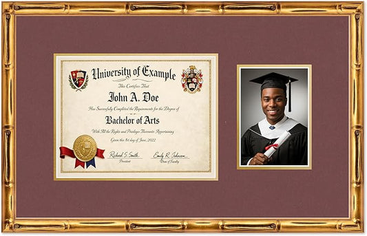 CountryArtHouse Fits 11 x 8.5 US Letter Certificate and 5 x 7 Photo Diploma and Photo Frame Gold Bamboo Genuine Hardwood with Dark Red Over Metallic Gold Double mat