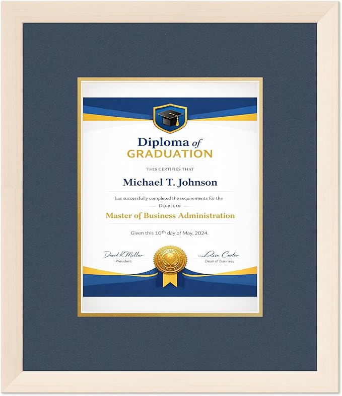 Diploma Frame Coastal Whitewash with Navy Blue Over Gold Double Mat - Fits 8.5 x 11 Certificate (Portrait) Wall Display Made in the USA