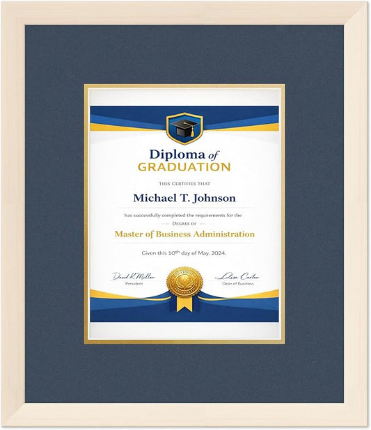 Diploma Frame Coastal Whitewash with Navy Blue Over Gold Double Mat - Fits 8.5 x 11 Certificate (Portrait) Wall Display Made in the USA